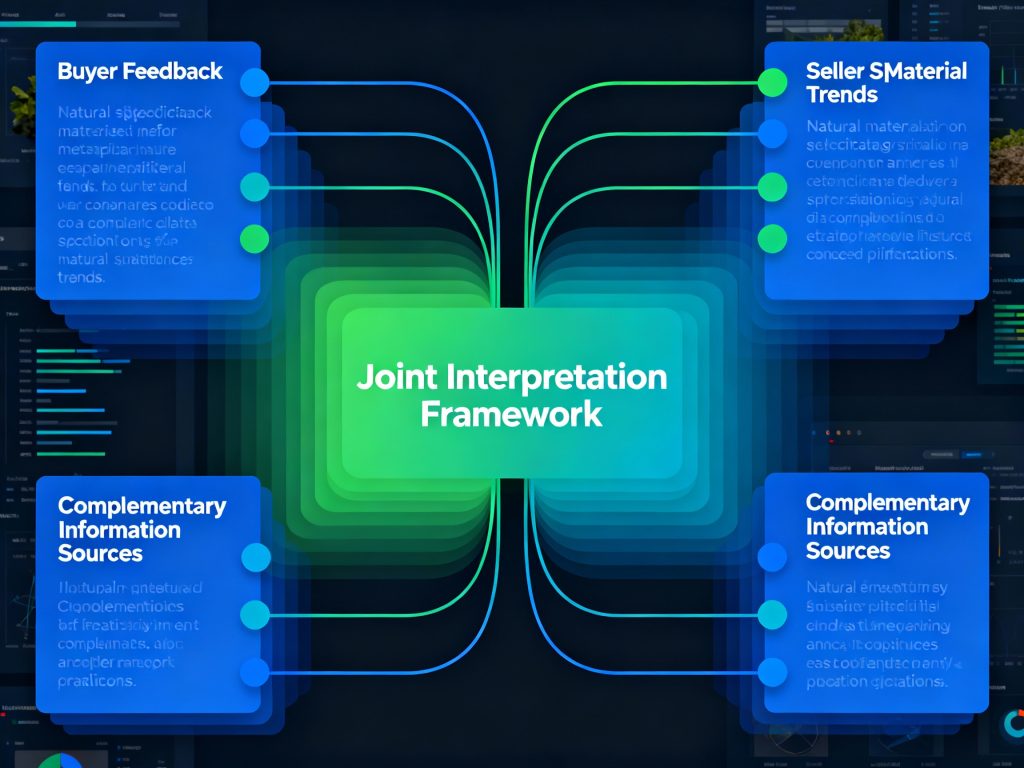파란색과 녹색 그라데이션 배경에 'Joint Interpretation Framework' 중앙 텍스트를 중심으로 Buyer Feedback, Seller Material Trends, Complementary Information Sources가 연결된 4방향 정보 통합 프레임워크 다이어그램