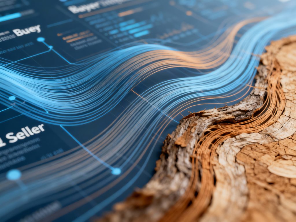 왼쪽의 'Buyer'와 'Seller' 텍스트가 새겨진 파란색 디지털 층들이 오른쪽의 자연스러운 나무 나이테와 만나며, 양쪽에서 흐르는 곡선 라인들이 디지털과 자연의 융합을 표현하는 개념적 매크로 사진