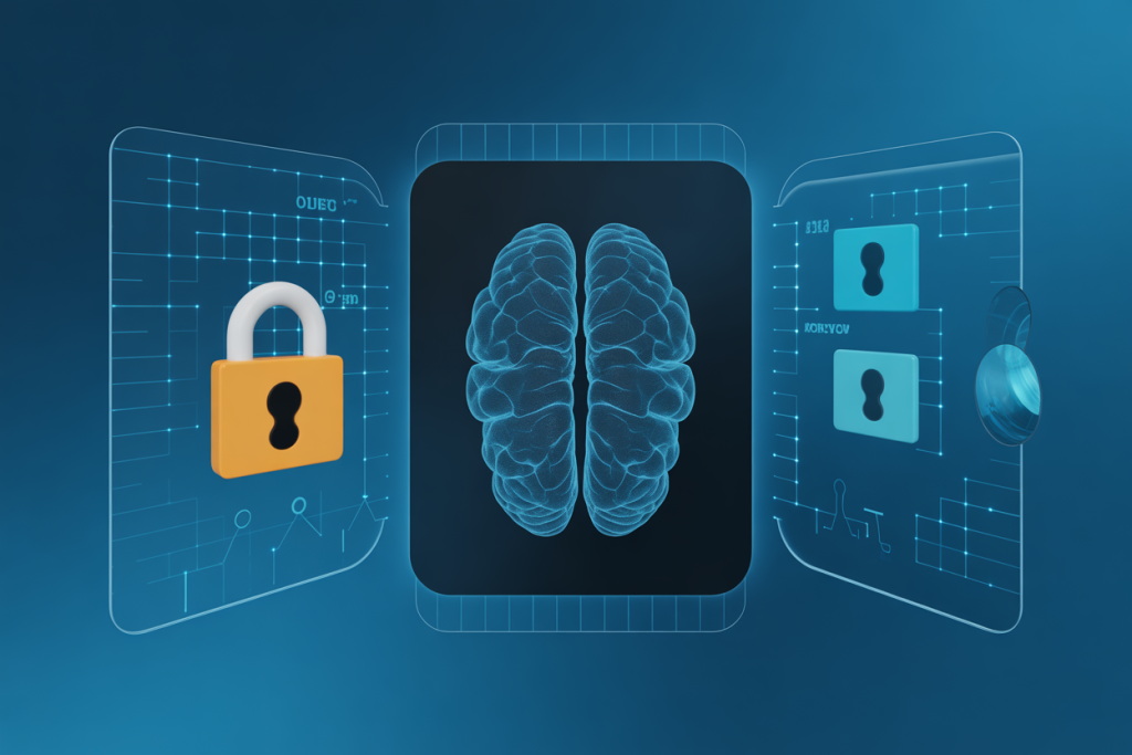 청록색 배경에 중앙의 태블릿 화면에 청록색 뇌 이미지가 표시되어 있고, 양쪽에는 황금색 자물쇠와 청록색 자물쇠 아이콘이 있는 투명 패널들이 펼쳐져 있어 AI 또는 데이터 보안과 개인정보 보호를 나타내는 3D 개념 이미지