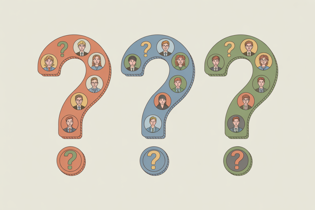 베이지색 배경에 주황색, 파란색, 녹색의 세 개 큰 물음표 안에 각각 여러 사람들의 초상화가 배치되어 있고 하단에는 작은 물음표 원이 있어 정체성, 선택, 다양성에 대한 질문을 상징하는 일러스트레이션