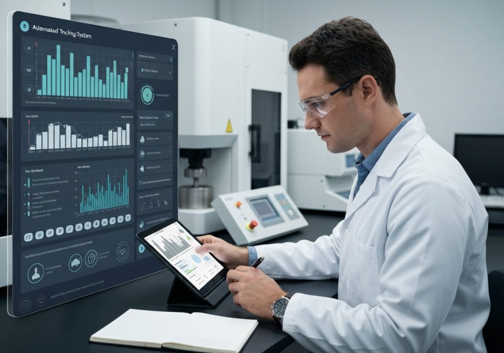건설 현장에서 안경을 쓴 여성 엔지니어가 태블릿으로 3D 구조 모델링 소프트웨어를 사용하며 줄자를 옆에 두고 작업하고 있고, 배경에는 노란색 굴삭기들이 작동 중인 현장 디지털 설계 및 측량 작업 장면