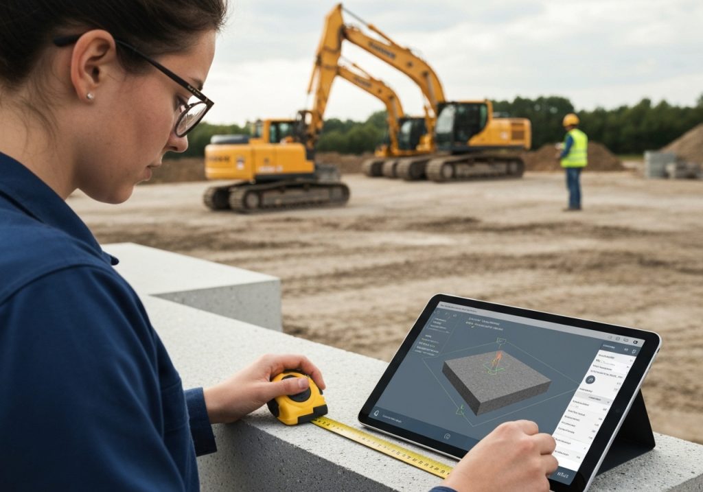 밝은 실험실에서 흰 가운을 입고 안전 안경을 쓴 남성 연구원이 태블릿을 들고 왼쪽의 'Automated Tracking System' 대시보드 화면을 확인하며, 배경에는 과학 장비들이 있는 자동화된 품질 관리 또는 연구 추적 시스템 장면