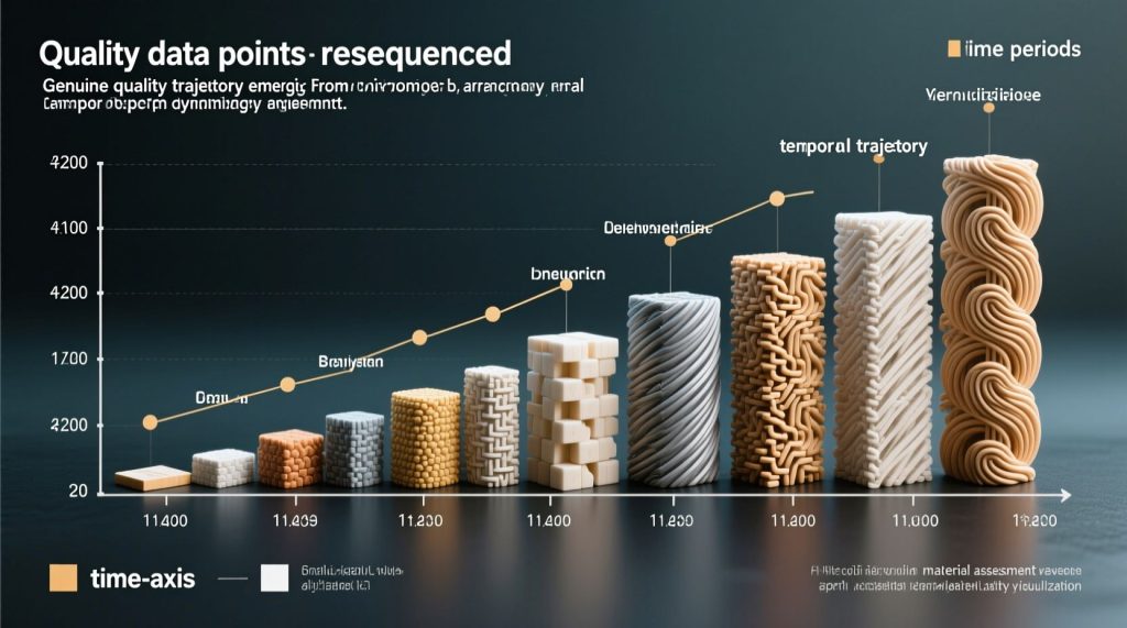 'Quality data points resequenced' 제목 아래 왼쪽에서 오른쪽으로 시간 경과에 따라 점점 높아지는 다양한 텍스처의 베이지색과 갈색 조각 기둥들이 배치되어 있으며, 황금색 추세선이 그려진 품질 데이터 포인트의 시간적 궤적 시각화 그래프