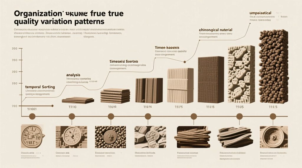 'Organization true true quality variation patterns' 제목 아래 시간 순서대로 배열된 다양한 텍스처와 패턴을 가진 베이지색 조각 기둥들이 점점 높아지며, 각 시점마다 하단에 상세 설명 이미지가 있는 품질 변화 패턴 분석 타임라인 차트