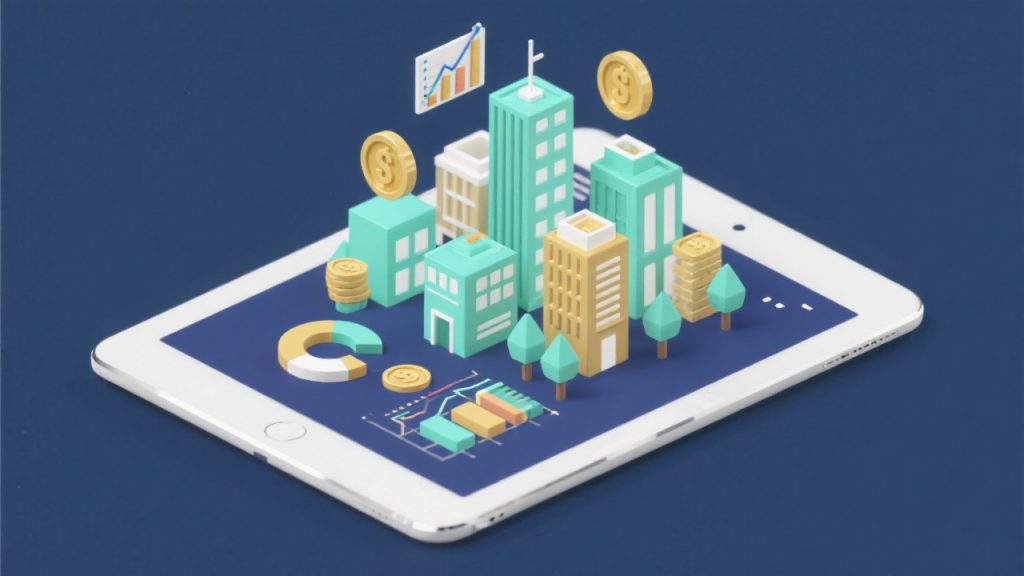 태블릿 위에 떠 있는 3D 도시와 재무 그래프 모델