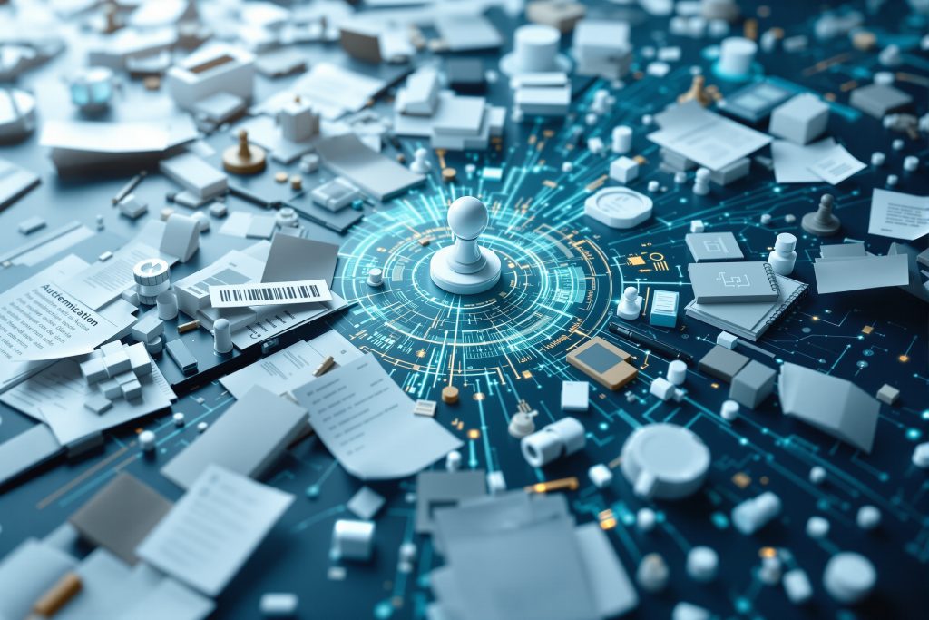 파란색과 보라색, 빨간색이 혼합된 조명으로 빛나는 여러 개의 퍼즐 조각들이 모여 있고, 중앙에는 밝게 빛나는 마이크로칩이나 프로세서가 있어 복잡한 시스템의 상호 연결성과 통합을 상징하는 추상적 기술 개념 이미지