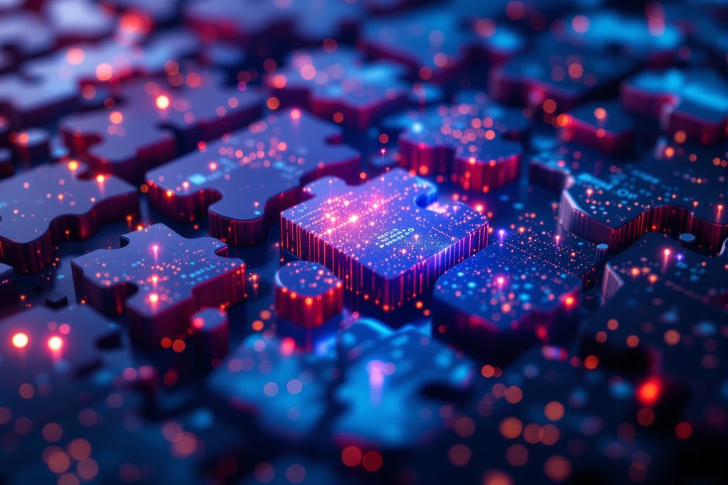 청록색 톤의 회로 기판 위에 중앙의 흰색 체스 폰 말이 빛나는 청록색 동심원 패턴 위에 서 있고, 주변에는 'Authentication' 라벨이 붙은 서류, 바코드, 다양한 미니어처 오브젝트들이 흩어져 있는 인증 및 추적 시스템 개념 3D 렌더링