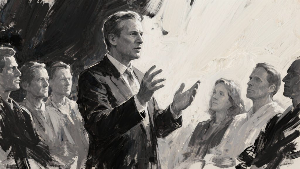 흑백으로 그려진 연설 중인 지도자의 예술적 초상