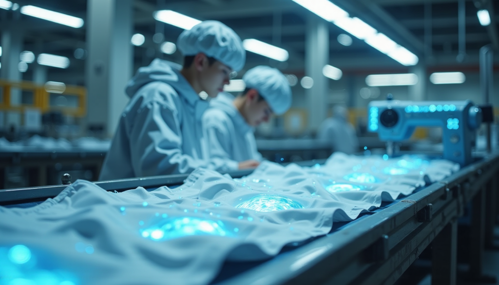 스마트 섬유 생산 공정에서 작업 중인 기술자들