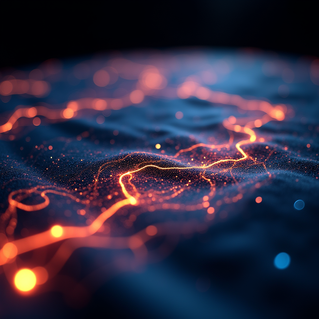 어두운 표면 위 빛나는 데이터 흐름의 추상 이미지
