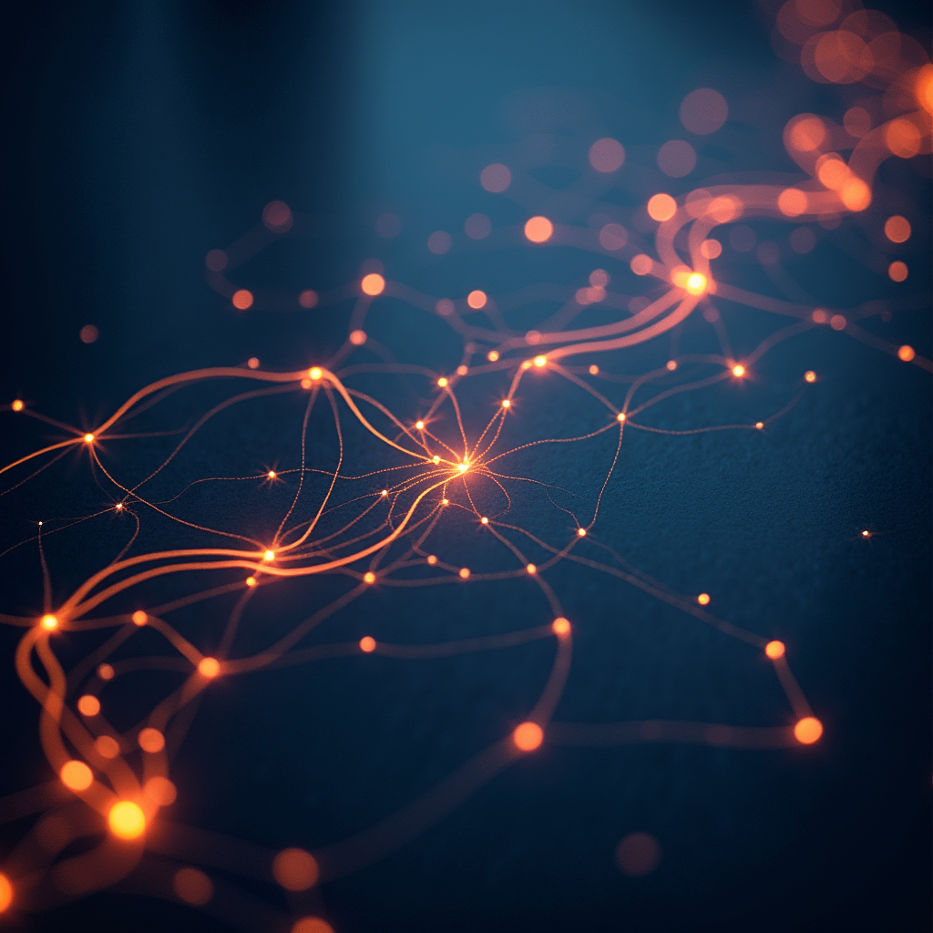 연결된 네트워크 노드의 빛나는 데이터 라인