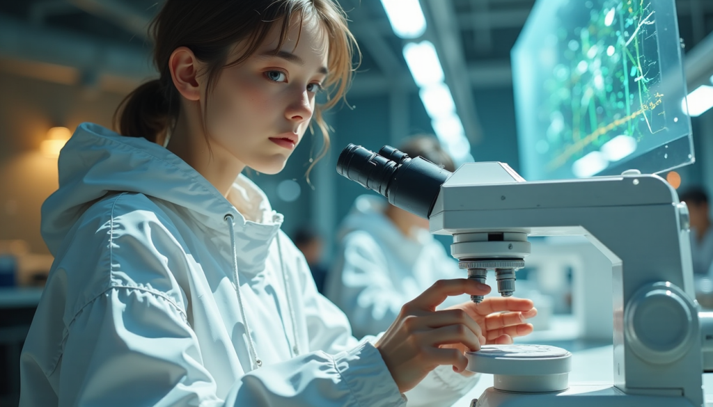 실험실에서 미세 관찰 중인 여성 연구원