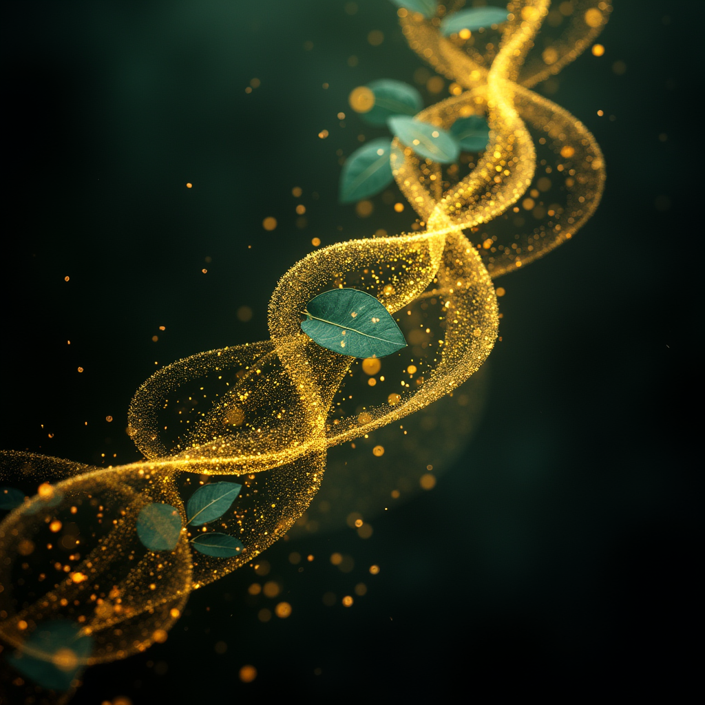 금빛 입자와 잎사귀로 형성된 생명체 DNA 구조