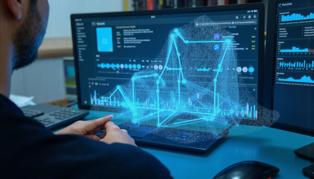 홀로그램 그래프로 데이터 분석을 시각화하는 장면
