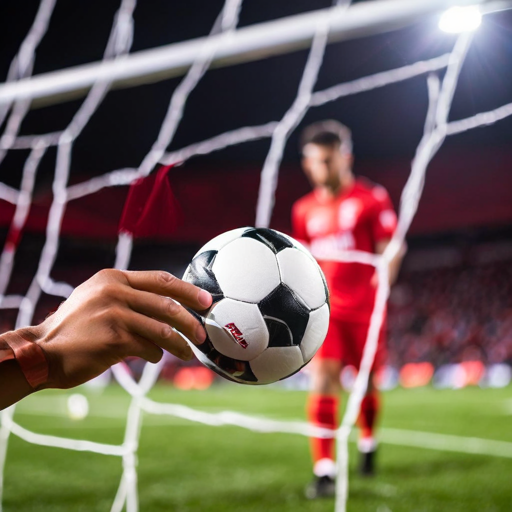 축구 선수의 손이 골대 그물에 닿는 순간을 가까이서 보여주며, 화면 가운데에는 커다란 빨간색 '파울' 표시가 찍혀 있습니다.