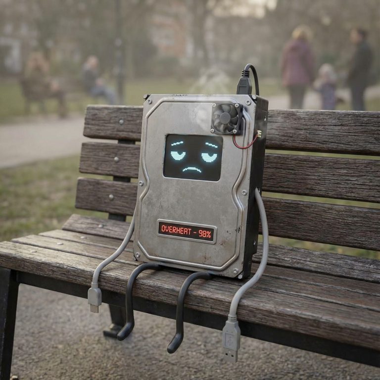 피로한 표정의 의인화된 하드 드라이브가 뜨거워진 상태로 벤치에 앉아 케이블을 축 늘어뜨린 모습이다.