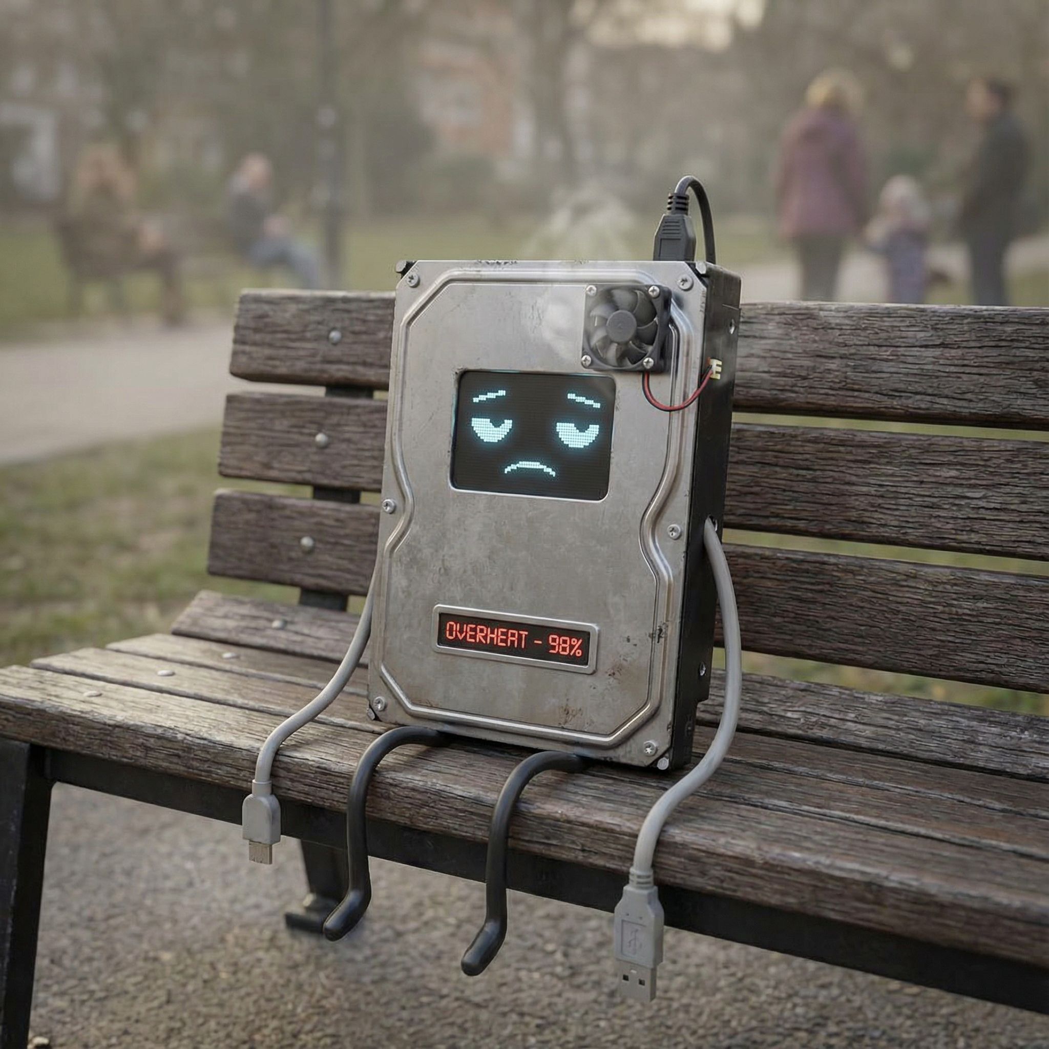 피로한 표정의 의인화된 하드 드라이브가 뜨거워진 상태로 벤치에 앉아 케이블을 축 늘어뜨린 모습이다.