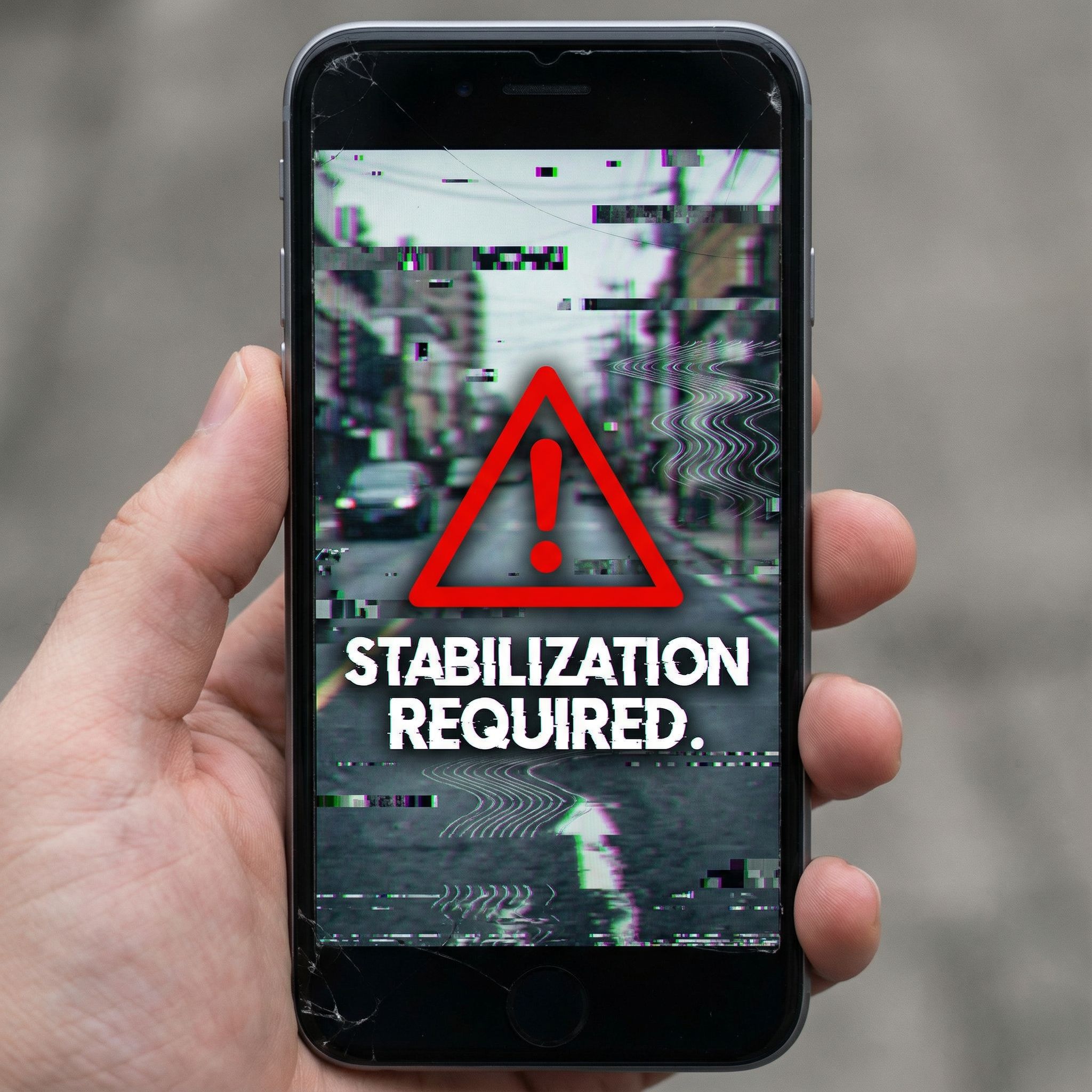 흔들리고 왜곡된 영상과 함께 경고 표시, 안정화 필요라는 문구가 표시된 스마트폰 화면 모습이다.