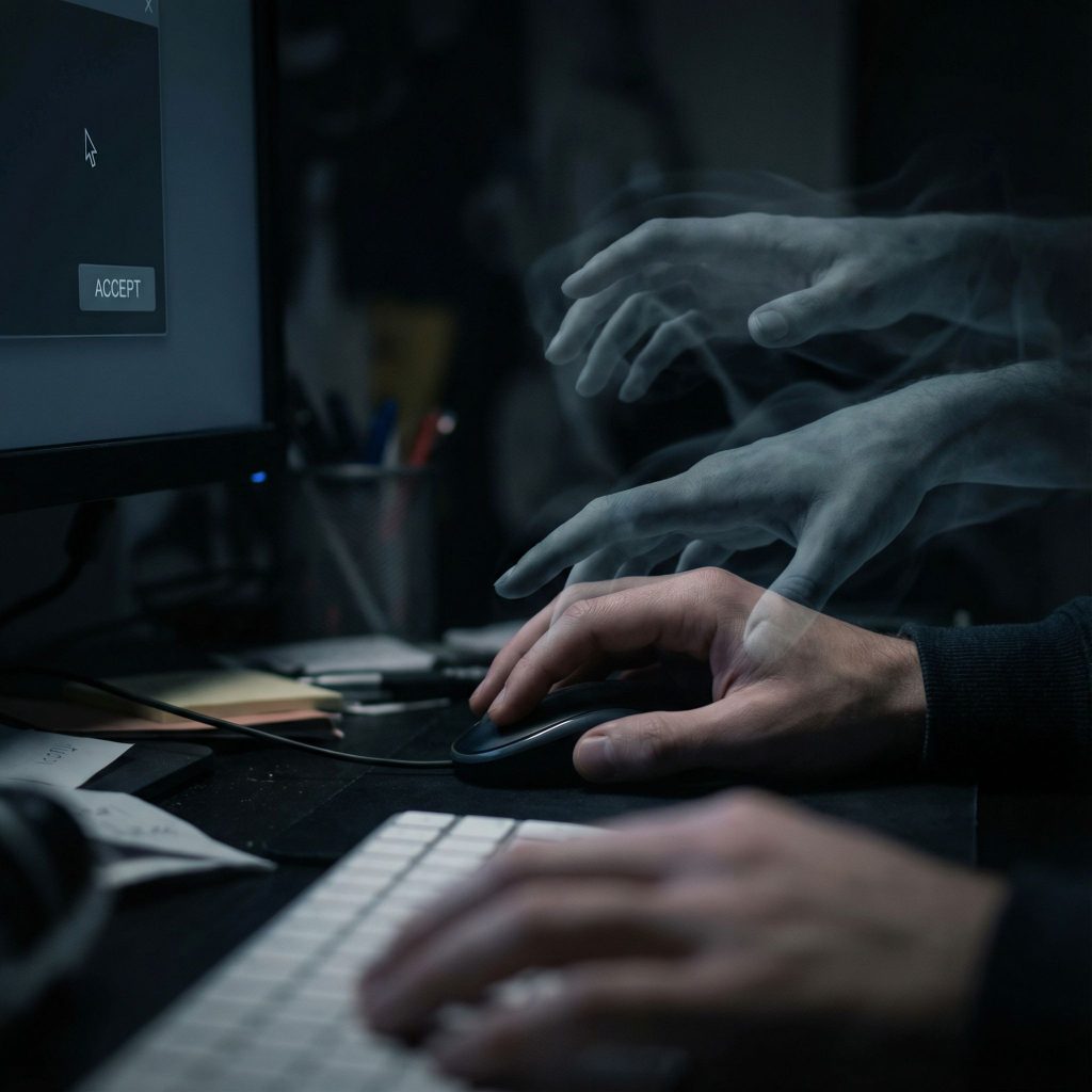 어둠 속에서 유령 같은 여러 손이 조종하듯 이끄는 가운데, 한 손이 마우스 클릭을 망설이는 모습이다.
