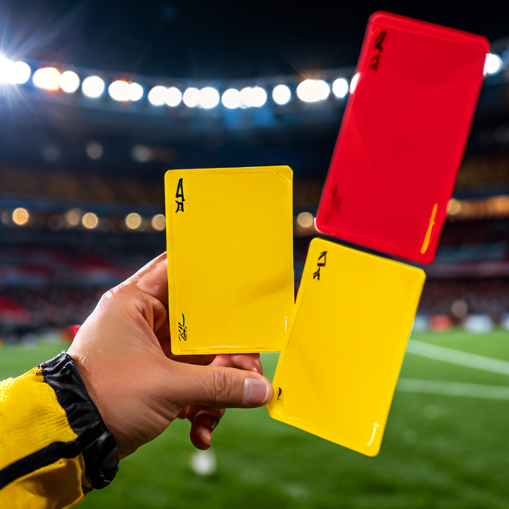 축구 심판이 두 장의 노란 카드를 들고 있으며 배경에는 빨간 카드와 규칙집이 놓여 있는 모습이다.