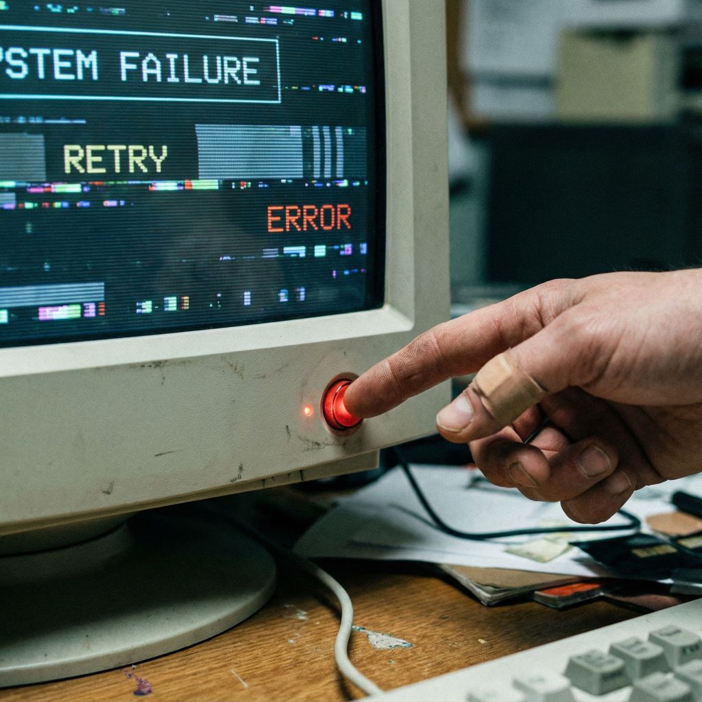 고장난 컴퓨터 화면에서 반응 없는 빨간 버튼을 짜증 내며 반복해 누르는 손가락의 근접 촬영이다.