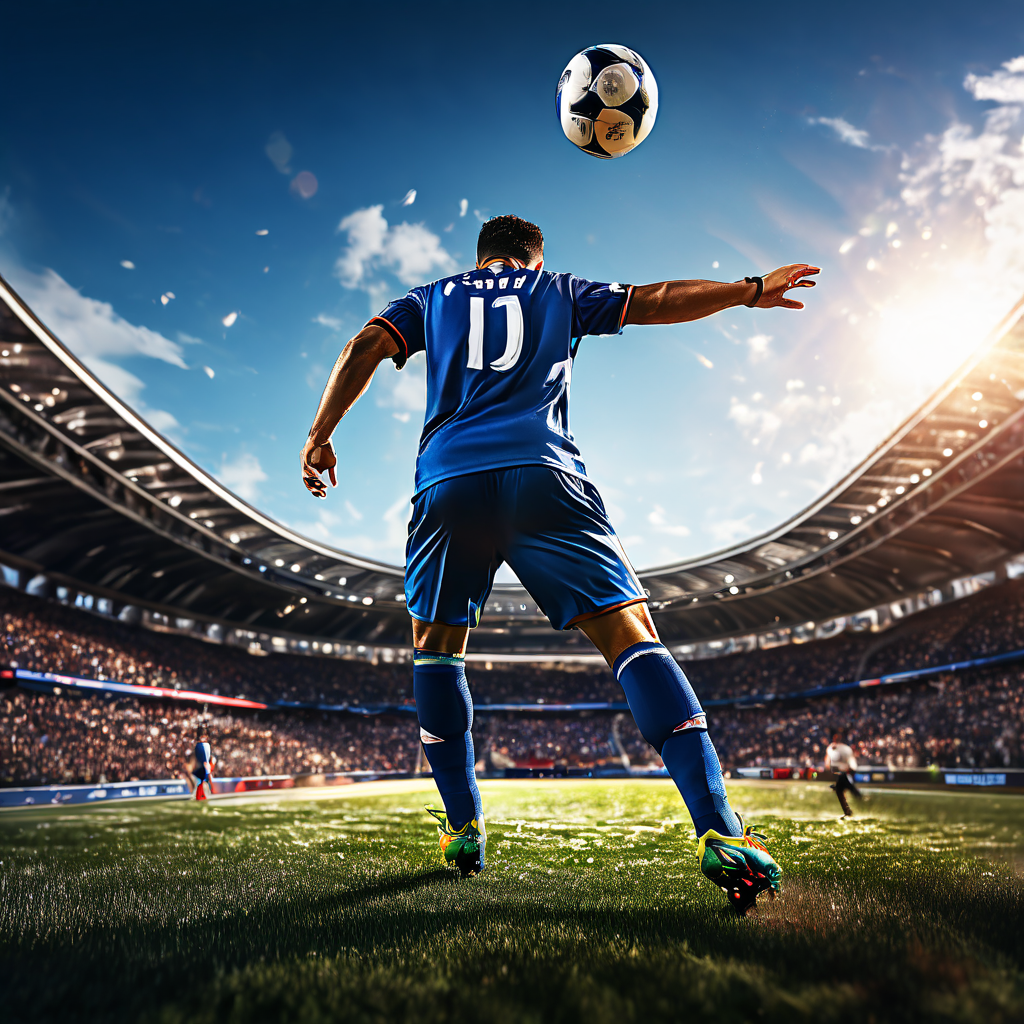 축구 선수가 코너킥을 차 공이 공중에서 휘어져 골대 상단 코너로 빨려 들어가는 강력한 슛의 순간이다.