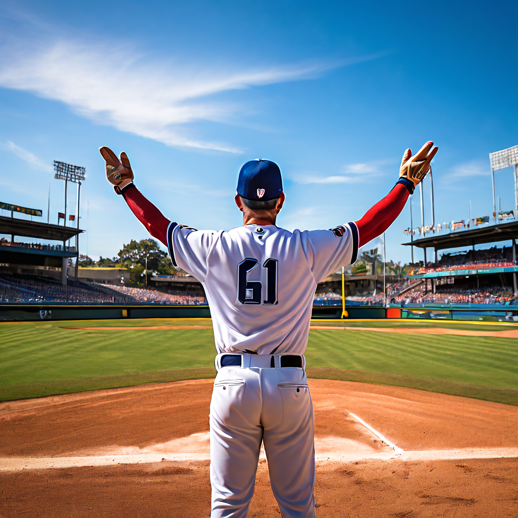 홈플레이트 뒤에서 본, 주자가 있는 야구장에서 심판이 내야 플라이 루를 선언하는 손동작을 보이고 있다.