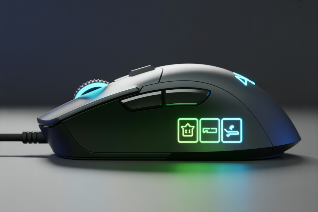 RGB 조명이 켜진 게이밍 마우스 측면에 기능 아이콘이 표시된 장면이다