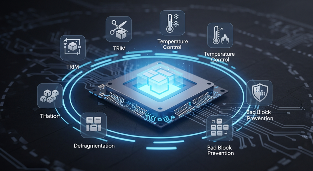 반도체 칩을 중심으로 TRIM, 온도 제어, 배드 블록 방지 기능이 아이콘 형태로 배치된 모습이다