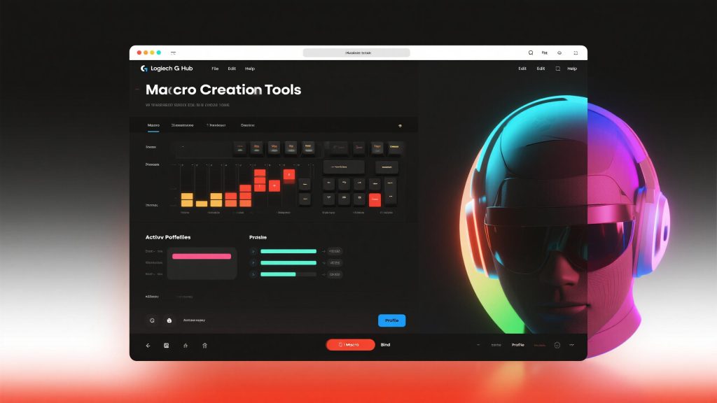 매크로 설정 프로그램 화면과 함께 네온 조명 아래 인물 모델이 배치된 구성이다