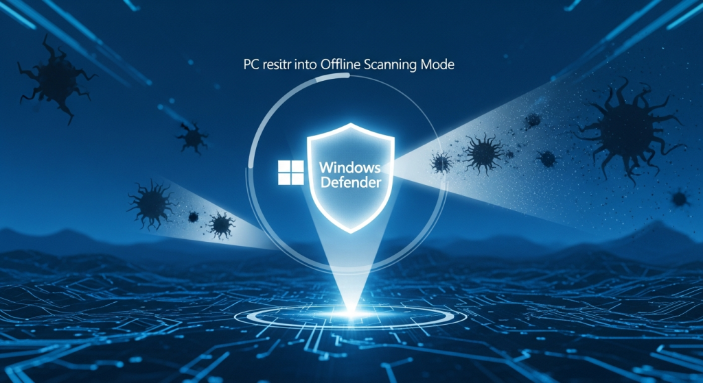 악성코드들이 방패로 차단되는 모습과 함께 Windows Defender 오프라인 스캔 모드를 표현한 보안 개념 이미지