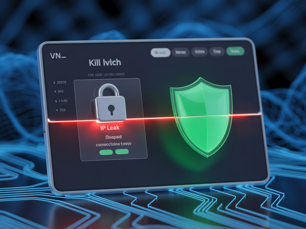 IP 누출 경고와 보안 방패 아이콘이 표시된 VPN 보호 상태 화면