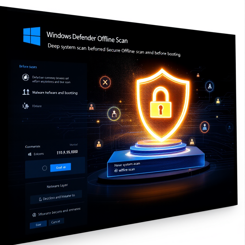 Windows Defender 오프라인 스캔 화면에 보안 방패가 강조된 시스템 보호 인터페이스