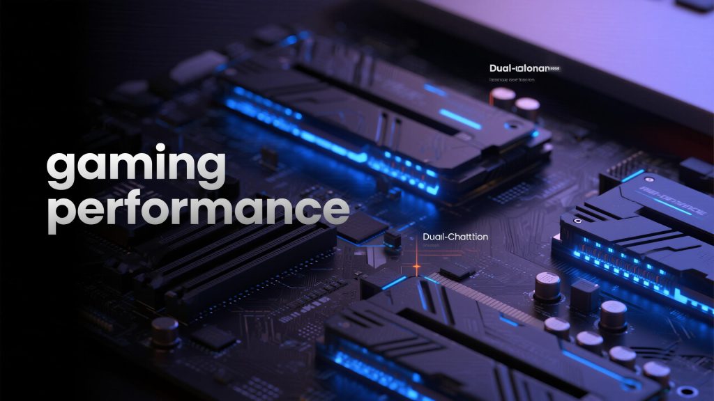 푸른 조명이 강조된 메인보드 위에서 게이밍 성능 관련 부품이 강조된 장면이다