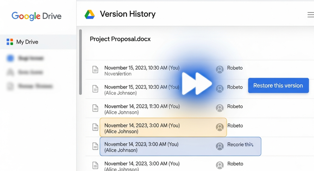 Google Drive 문서의 버전 기록 목록과 특정 버전을 복원하는 기능이 표시된 화면