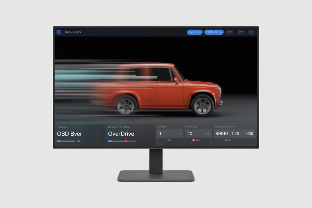 움직이는 자동차가 잔상과 함께 표현된 화면으로, 모션 설정과 오버드라이브 조절 메뉴가 함께 보인다