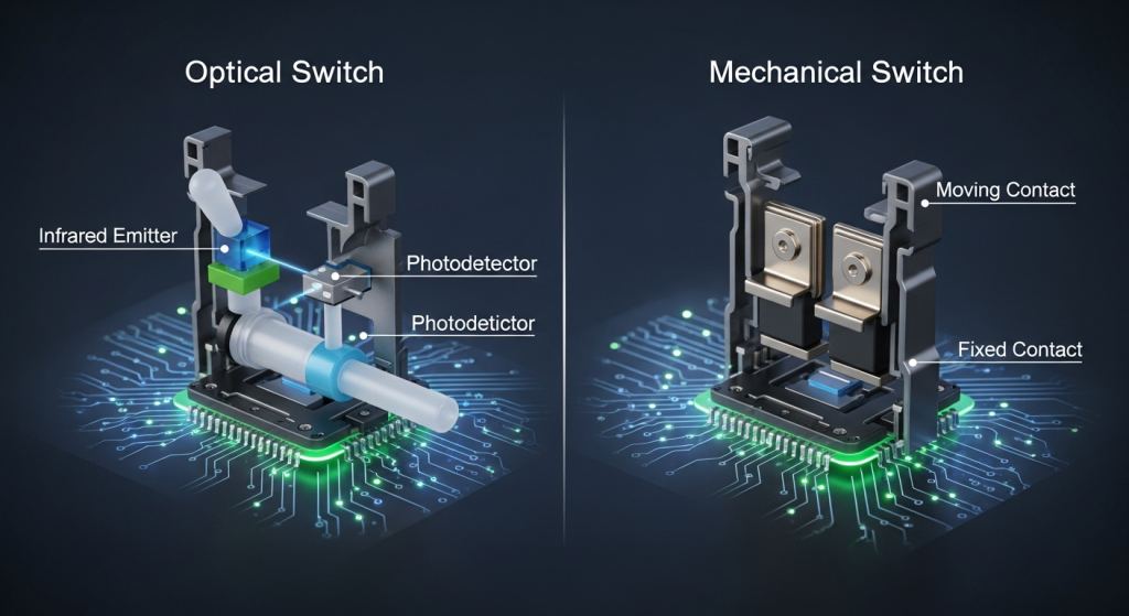 광학 스위치와 기계식 스위치의 구조를 나란히 비교해 놓은 기술 설명 이미지이다