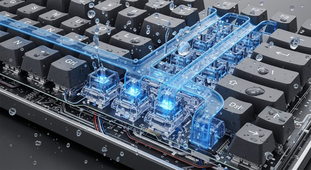 방수 구조의 키보드 내부를 보여주며, 물방울이 스위치 주변으로 흐르는 모습이 표현되어 있다