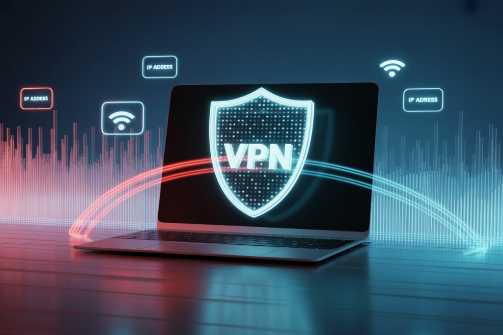 노트북 화면에 VPN 보호 방패가 떠 있고, IP 주소 보안 아이콘이 함께 표시된 인터넷 프라이버시 보호 개념 이미지
