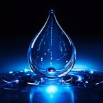 복잡한 미래형 장치의 근접 촬영으로, 푸른 빛의 액체 한 방울이 완벽한 틈새로 새어 나오는 모습이다.