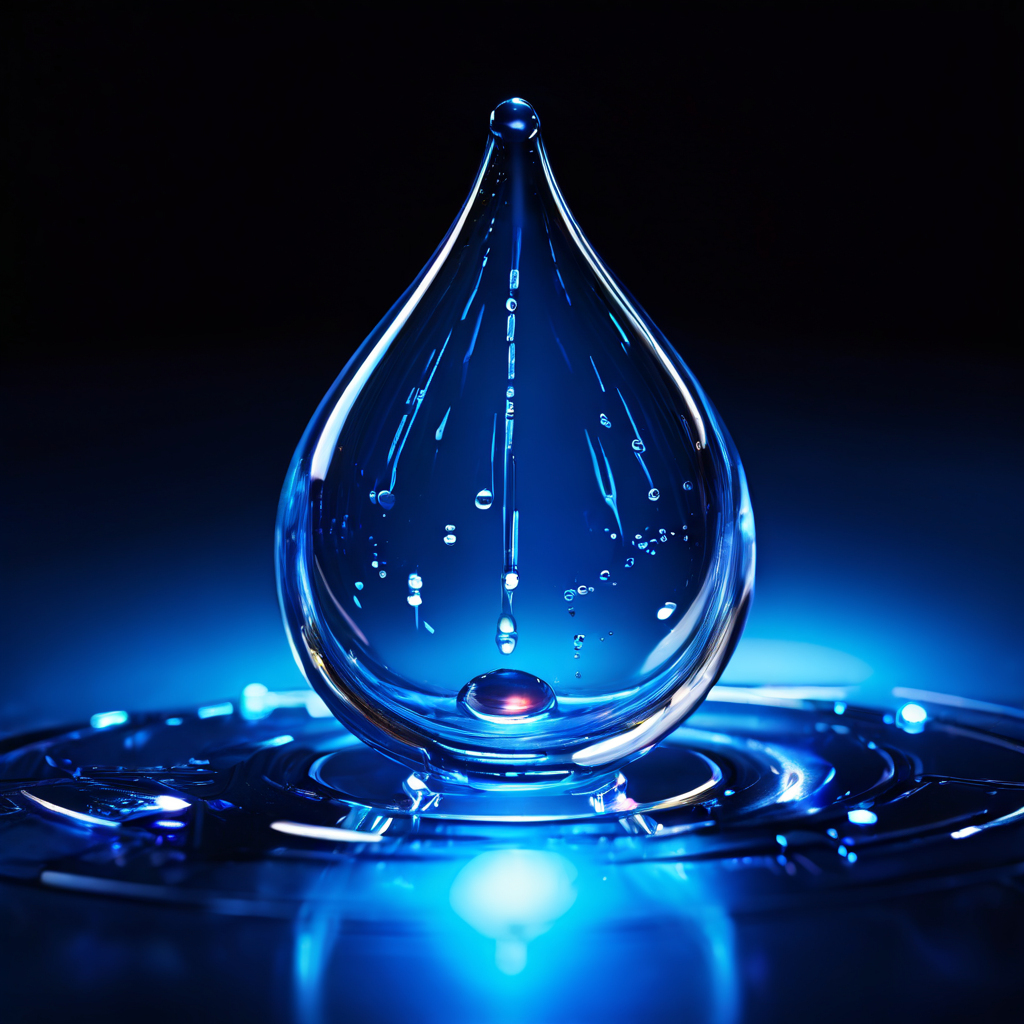 복잡한 미래형 장치의 근접 촬영으로, 푸른 빛의 액체 한 방울이 완벽한 틈새로 새어 나오는 모습이다.