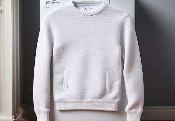 고급 캐시미어 스웨터가 세탁기 안에서 심하게 줄어들어 작아진 옷감에 디자이너 로고 태그가 붙어 있는 모습이다.