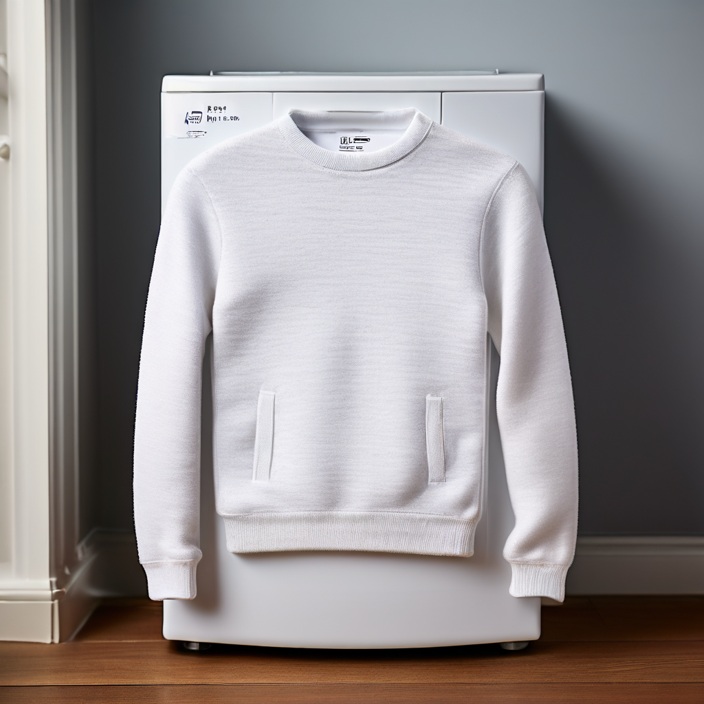 고급 캐시미어 스웨터가 세탁기 안에서 심하게 줄어들어 작아진 옷감에 디자이너 로고 태그가 붙어 있는 모습이다.