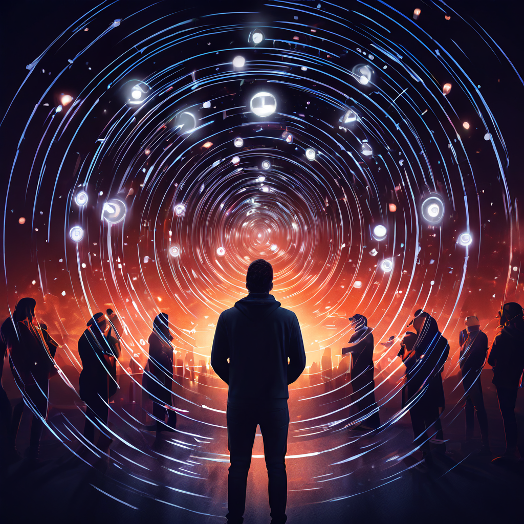 회색 배경 속 고립된 한 사람이 휴대폰의 계속 도는 로딩 아이콘을 보며 좌절한 표정을 짓고, 주변엔 강한 신호를 받는 타인들이 있습니다.