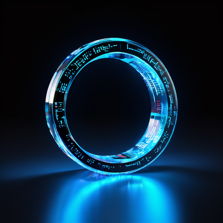 크롬 링이 디지털 스캐너 아래에서 이진 코드와 데이터 흐름을 빛내며 진위를 분석하는 모습이다.