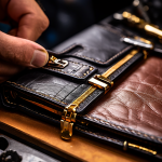 정교한 도구로 마모를 측정하며 고급 가죽 지갑의 내구성을 테스트하는 가까운 거리의 모습이다.