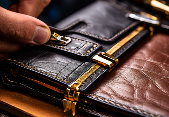 정교한 도구로 마모를 측정하며 고급 가죽 지갑의 내구성을 테스트하는 가까운 거리의 모습이다.