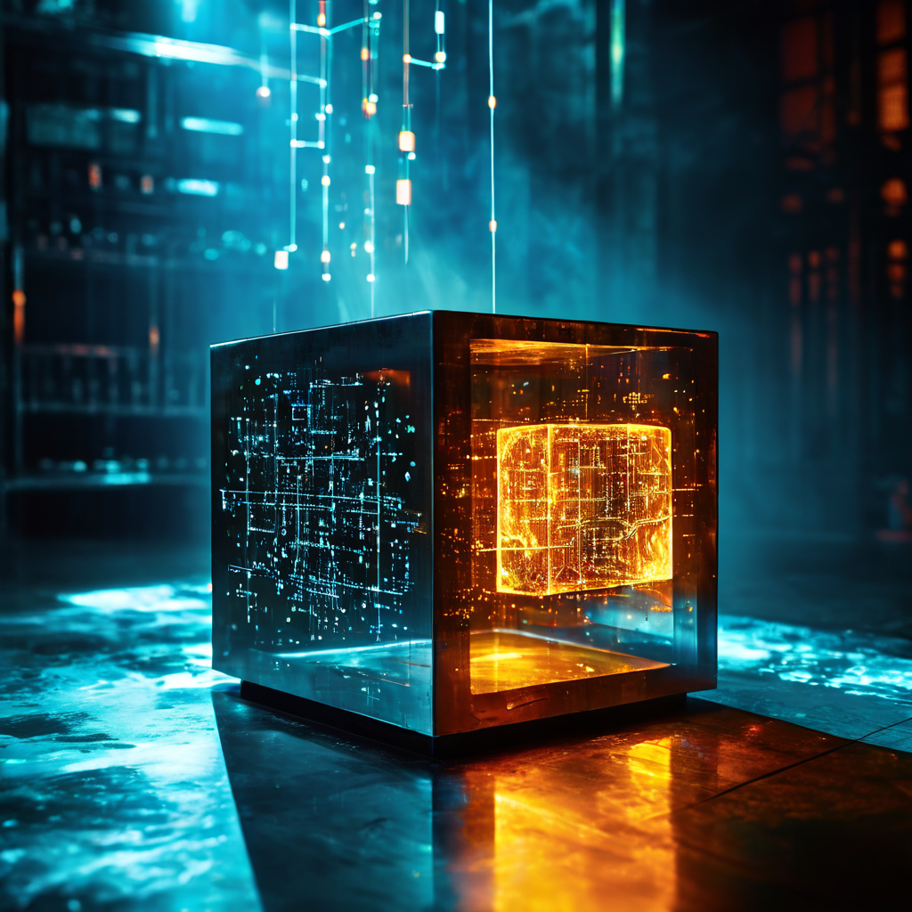 검은색 무거운 금속 큐브가 영점을 가리키는 저울 위에 공중에 떠 있고, 주변으로 빛나는 물리 법칙 데이터 흐름이 퍼져 나가는 모습이다.