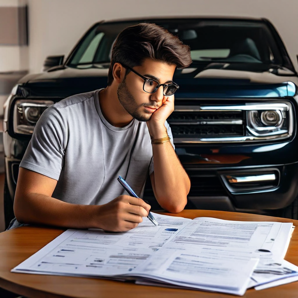 운전면허 교재를 보며 혼란스러워하는 사람이 자동차와 트럭 등 다양한 차종을 나열한 차트를 바라보고 머리 위에는 큰 물음표가 떠 있는 모습을 묘사한 일러스트입니다.