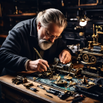 청정한 작업대 위에 몽블랑 만년필이 세심하게 분해되어 정교한 내부 메커니즘과 부품들이 드러나 있습니다.